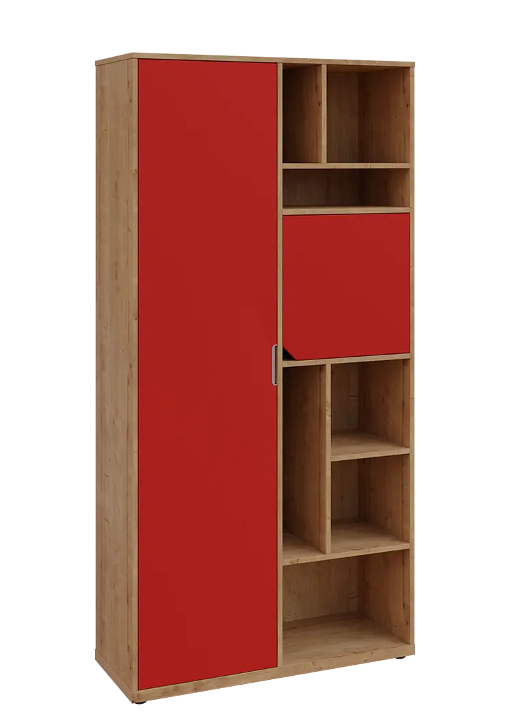 KSR6-83 L skříň šatní, 1x výsuvné ramínko, dvířka, niky, 2053x1022x400 mm, provedení levé, dub lite/červená